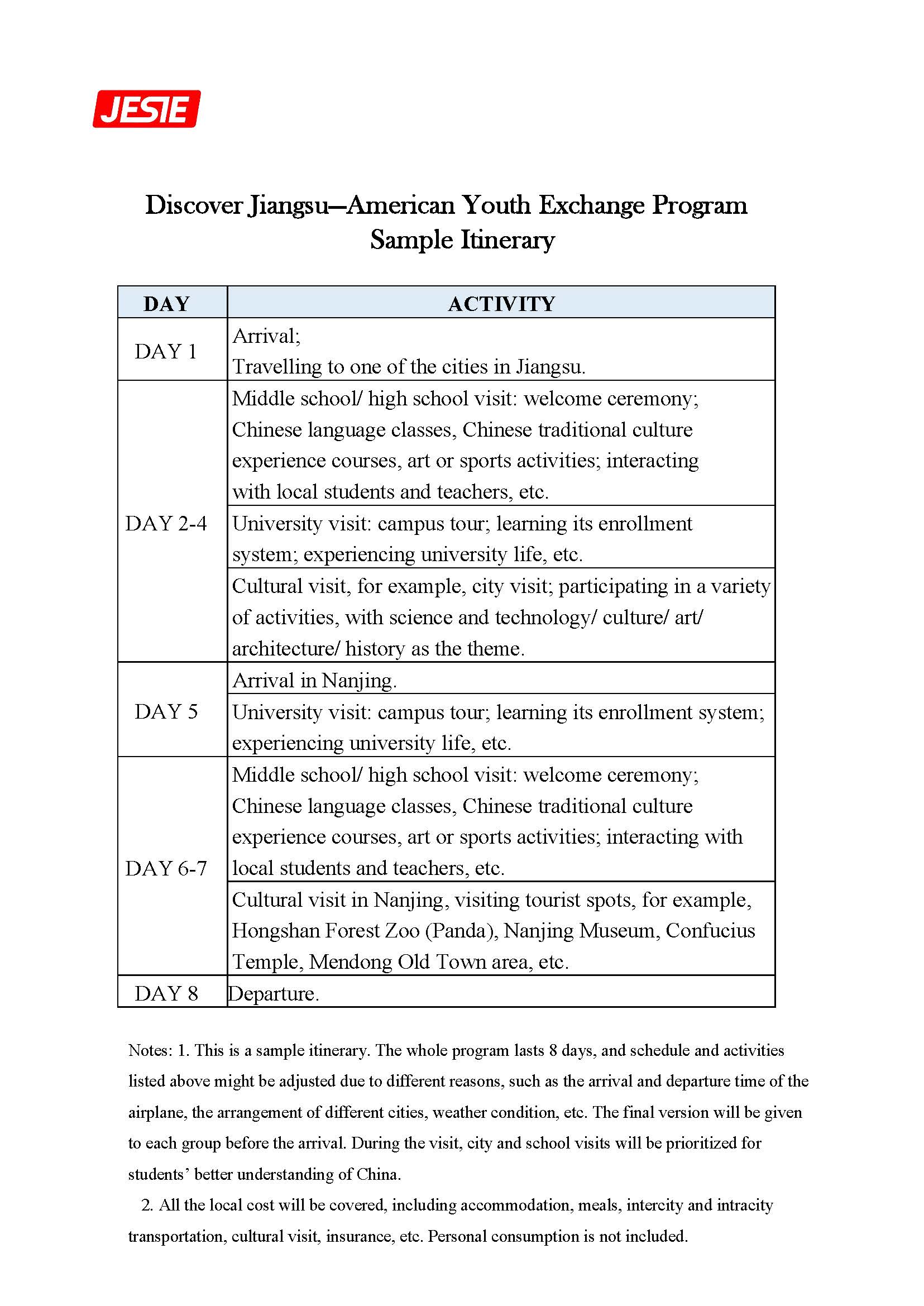 Sample Itinerary (Discover Jiangsu - American Youth Exchange Program)